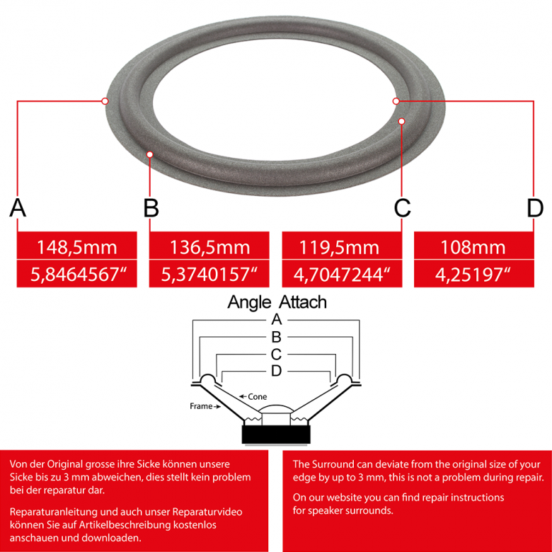 5" - 148.5mm Lautsprecher Schaumstoffsicke