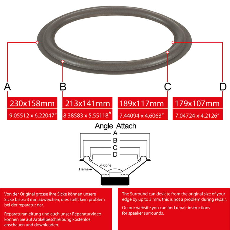 9"x6" - 230x158mm Speaker Oval Foam Surround - Edge